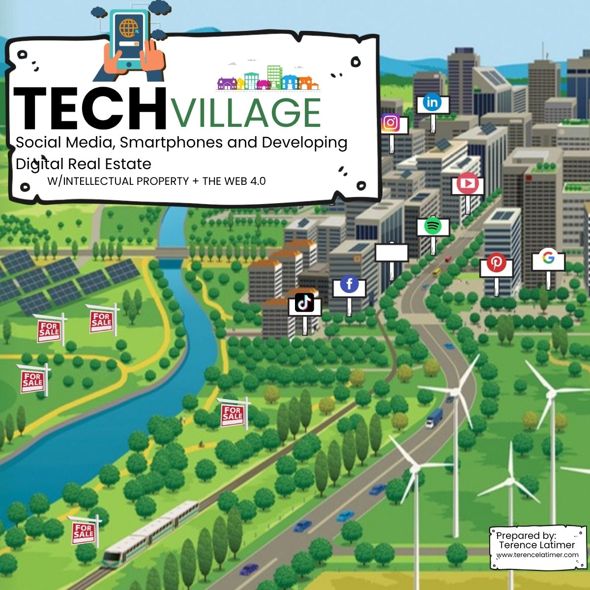 Tech Village illustration: a green valley of homes and for-sale signs below a skyline of platform skyscrapers branded Facebook, Instagram, TikTok, YouTube, LinkedIn and Google
