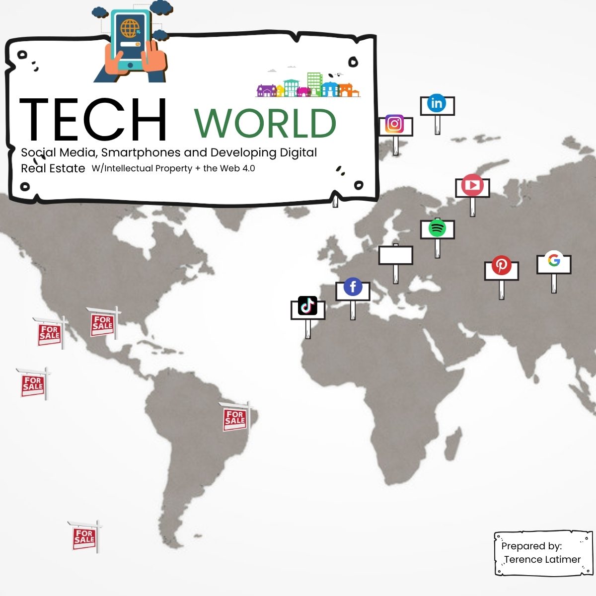 Tech World illustration: a world map with platform signposts planted across continents and for-sale signs in the open land