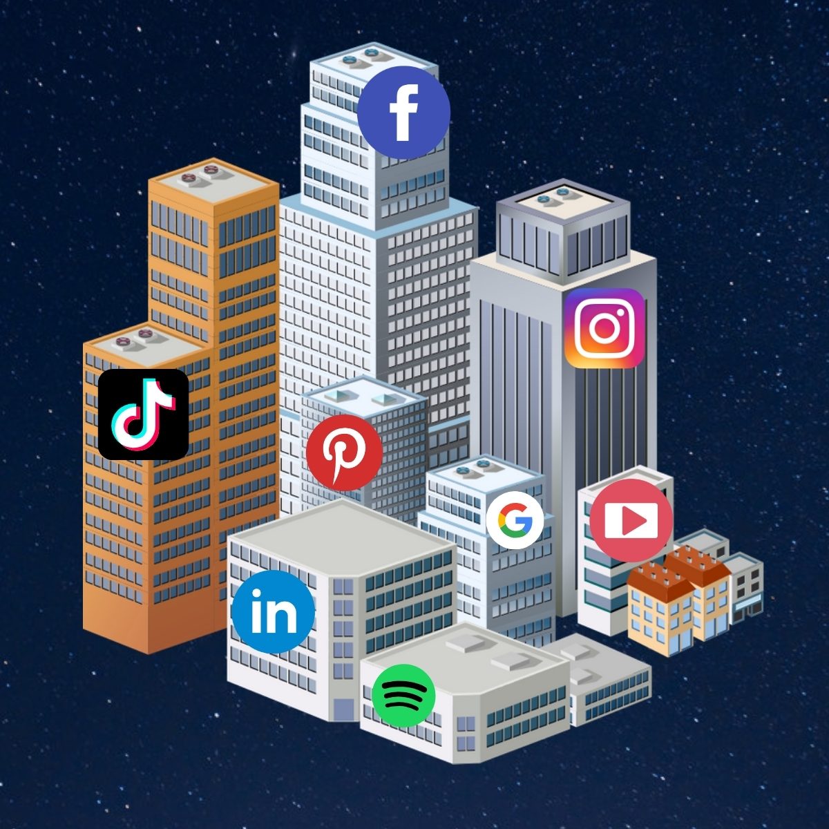 Illustrated cluster of skyscrapers branded Facebook, Instagram, TikTok, YouTube, LinkedIn, Pinterest, Spotify and Google against a night sky