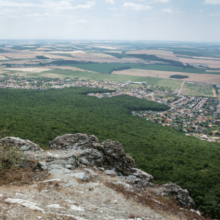 View from a rocky ridge over a forested valley and open farmland stretching to the horizon — land waiting to be settled
